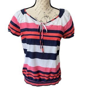 100% Cotton Striped top with banded waist and tie at neck. Size M.